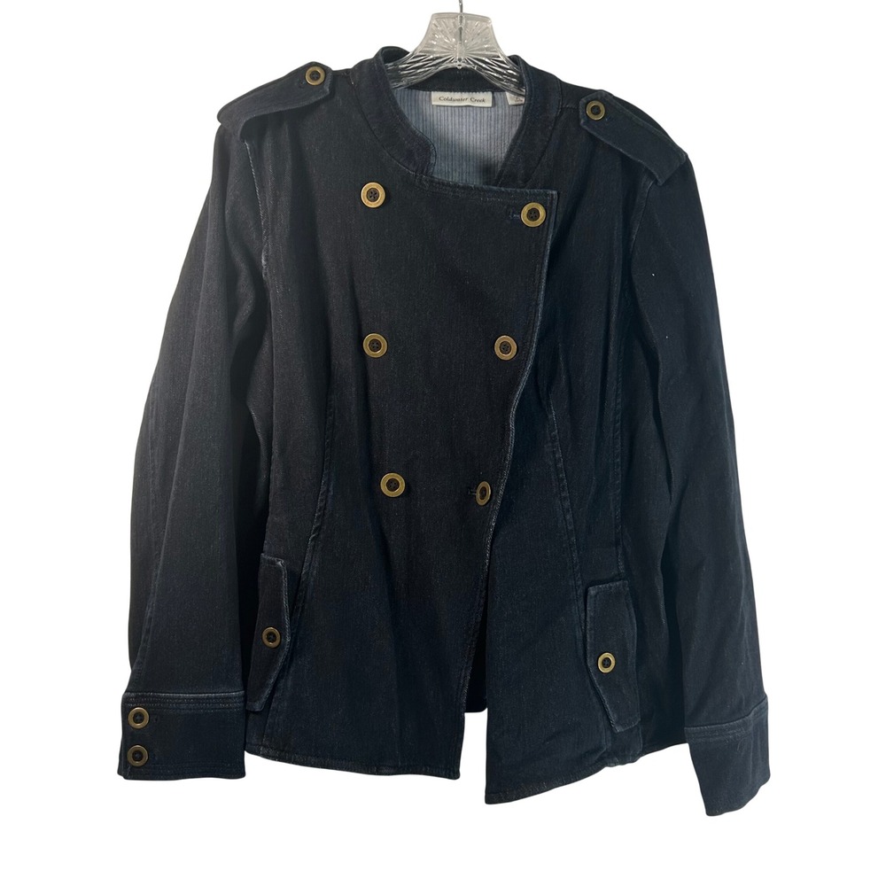 Coldwater Creek Knit Denim Military Jacket Dark Indigo Blue Stretch Petite Large